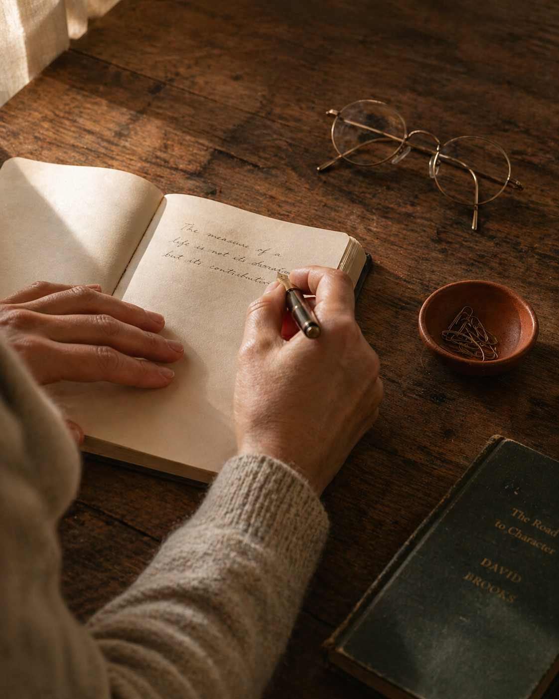 A pair of hands writing in a leather-bound notebook on a warm wooden surface.