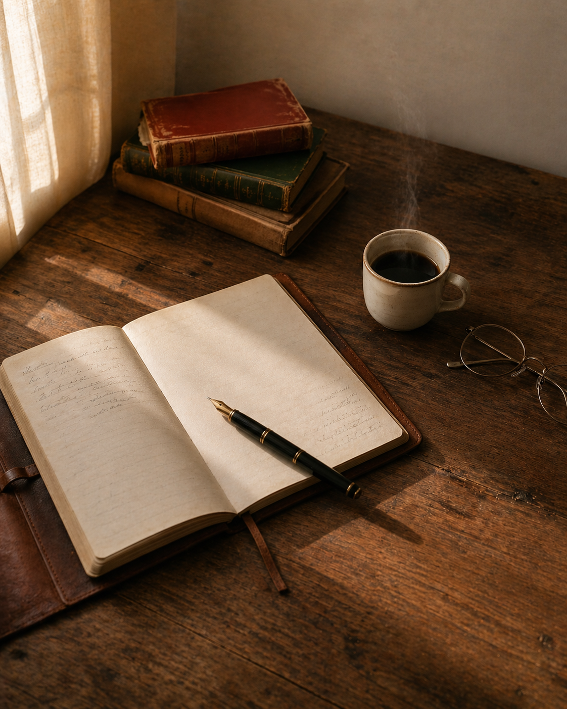 A quiet workspace with an open notebook, pen, and coffee on a wooden desk in warm window light.