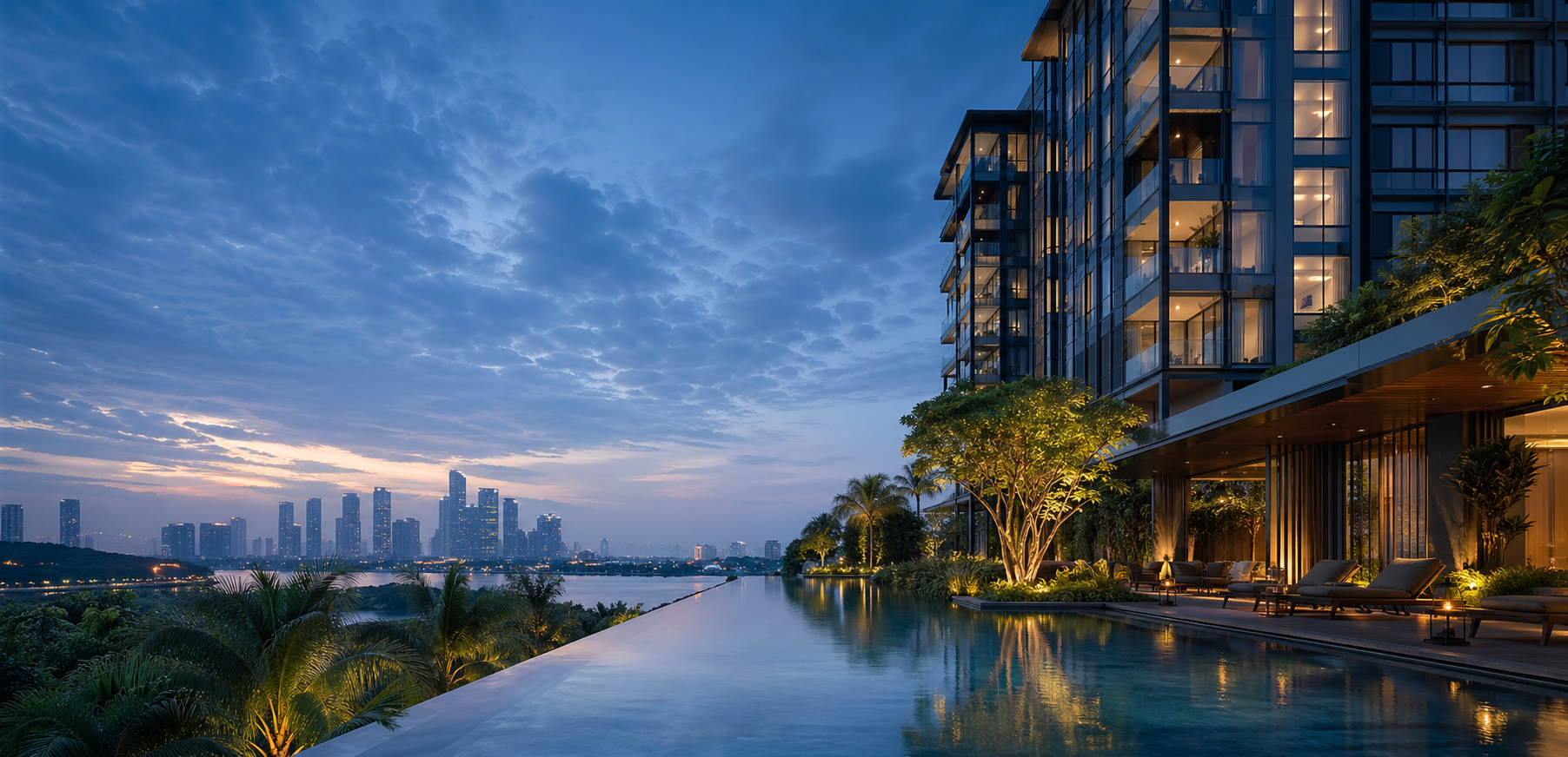 Luxury waterfront condominium exterior at dusk