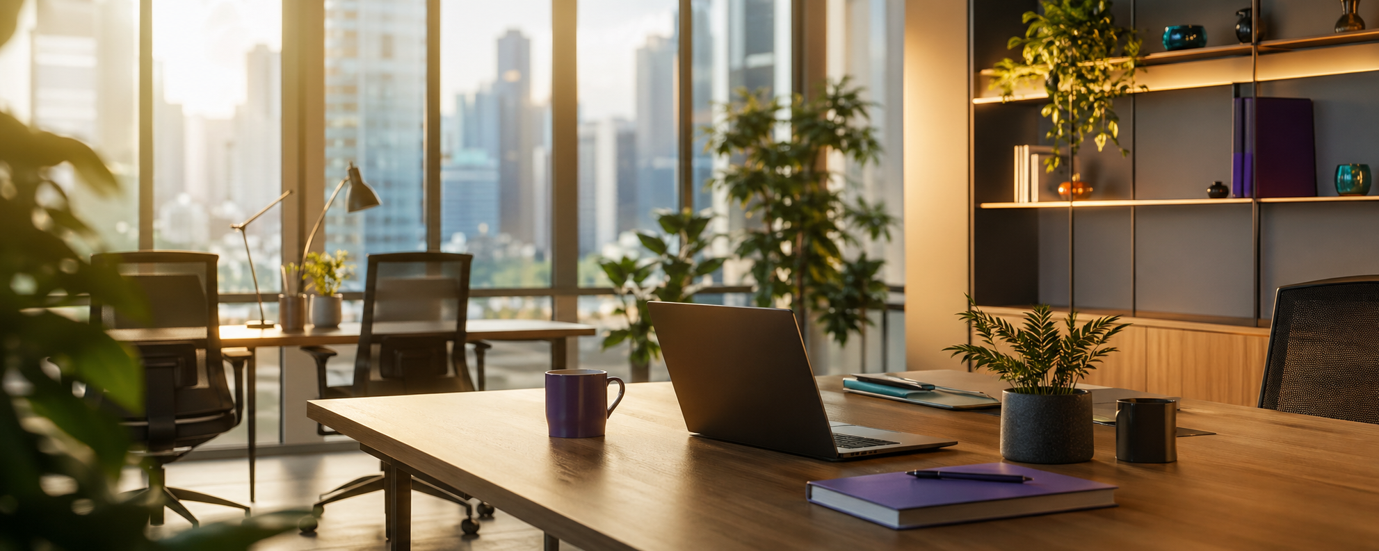 Modern co-working space in Singapore with laptops, plants, and warm lighting