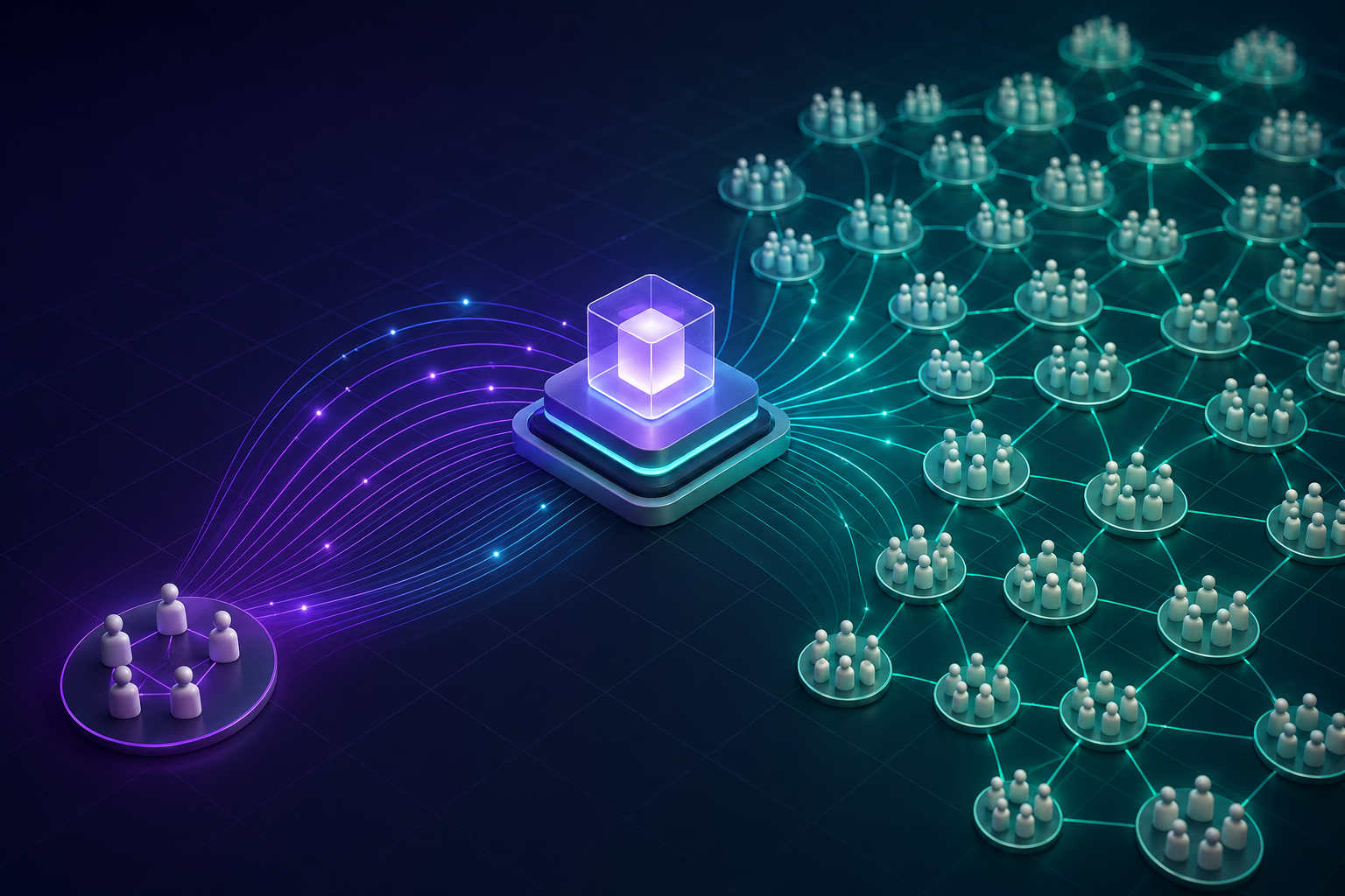 Connected team nodes expanding into a large network