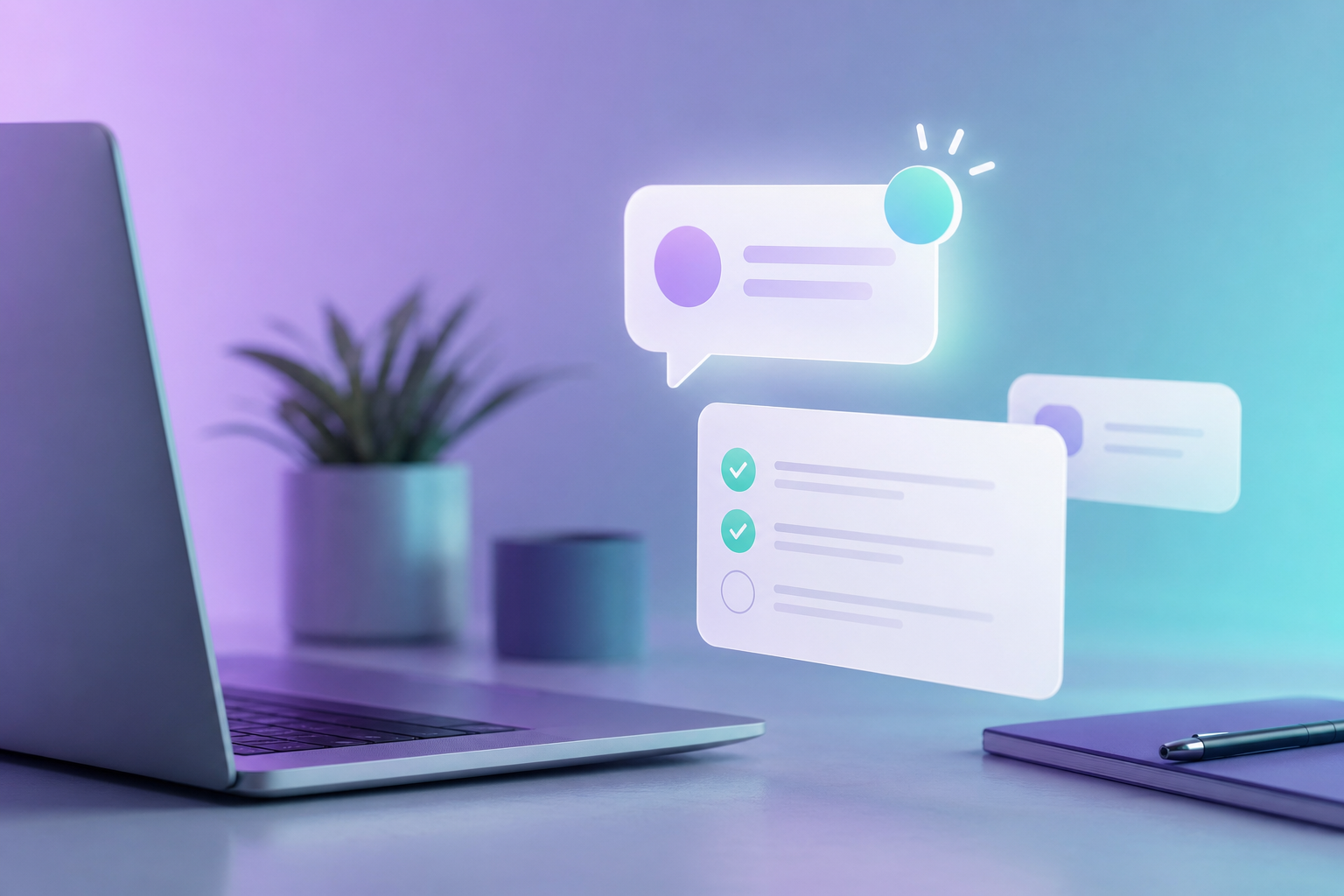 Async notification cards floating above a modern workspace