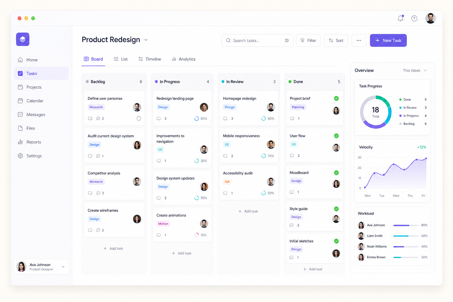 Stackflow dashboard UI mockup with kanban board and project cards